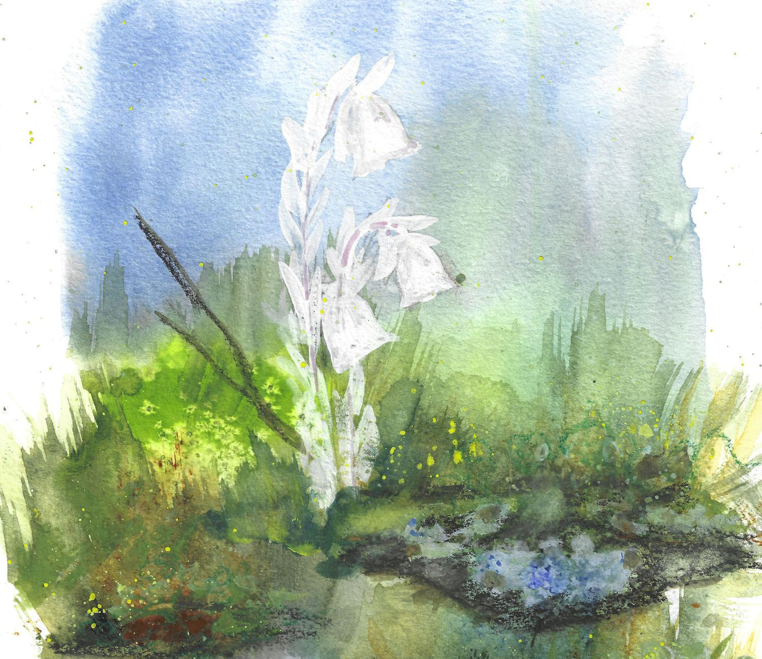 Watercolor painting of a natural scene with greenery and a white flower.